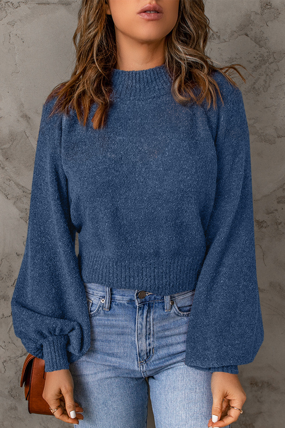 Ribbed Trim Balloon Sleeve Sweater - Pahabu - Women's Clothing & Shop