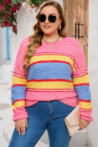 Plus Size Color Block Round Neck Long Sleeve Sweater - Pahabu - Women's Clothing & Shop