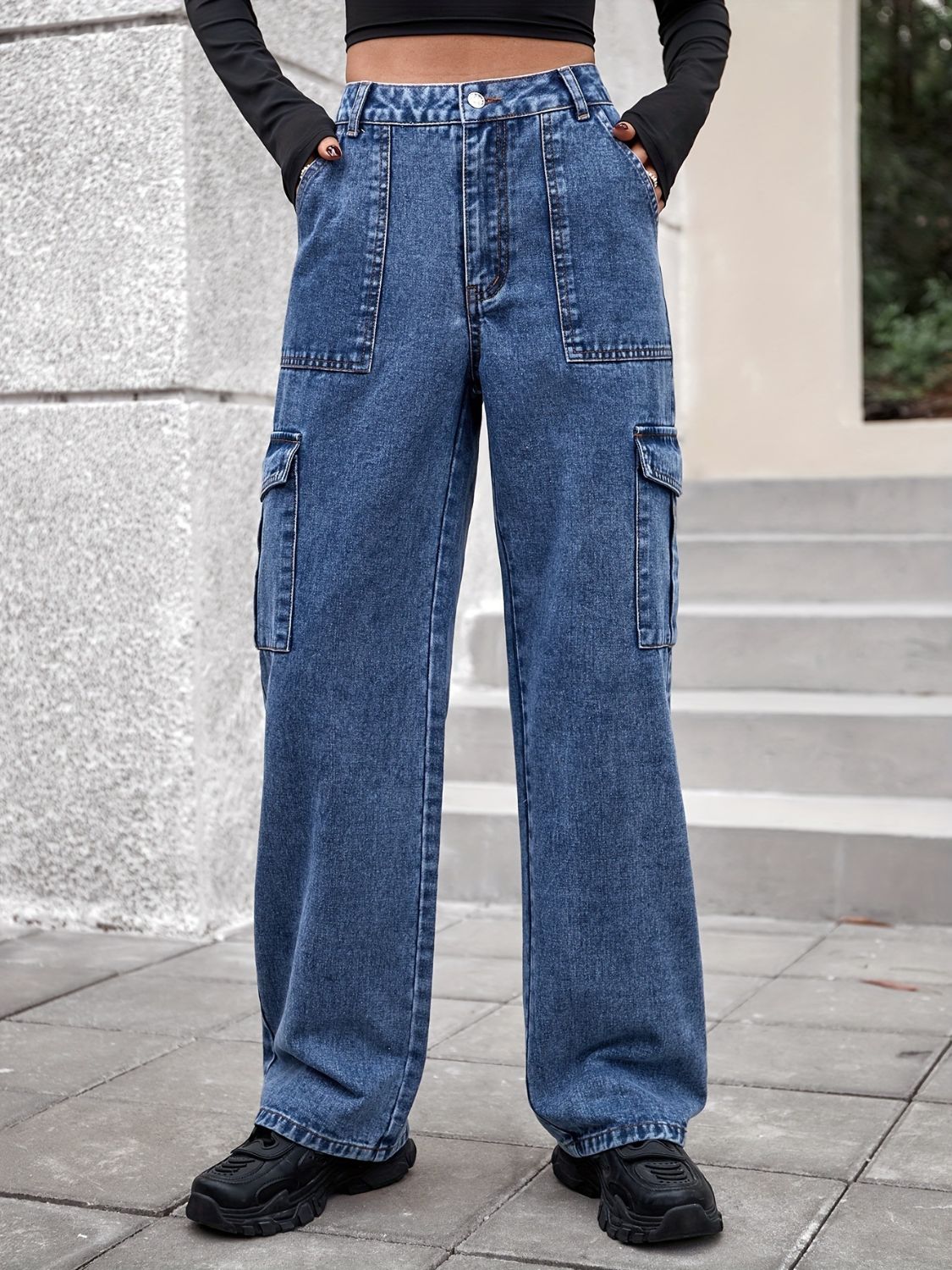 High Rise Straight Jeans with Cargo Pockets - Pahabu - Women's Clothing & Shop