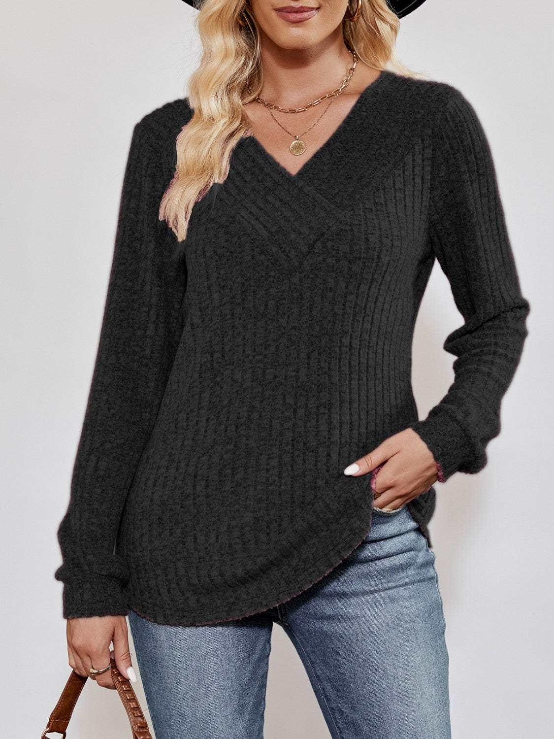 V-Neck Ribbed Long Sleeve Top - Pahabu - Women's Clothing & Shop