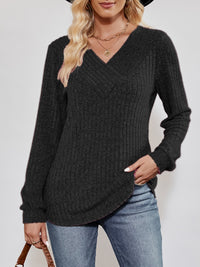 V-Neck Ribbed Long Sleeve Top - Pahabu - Women's Clothing & Shop