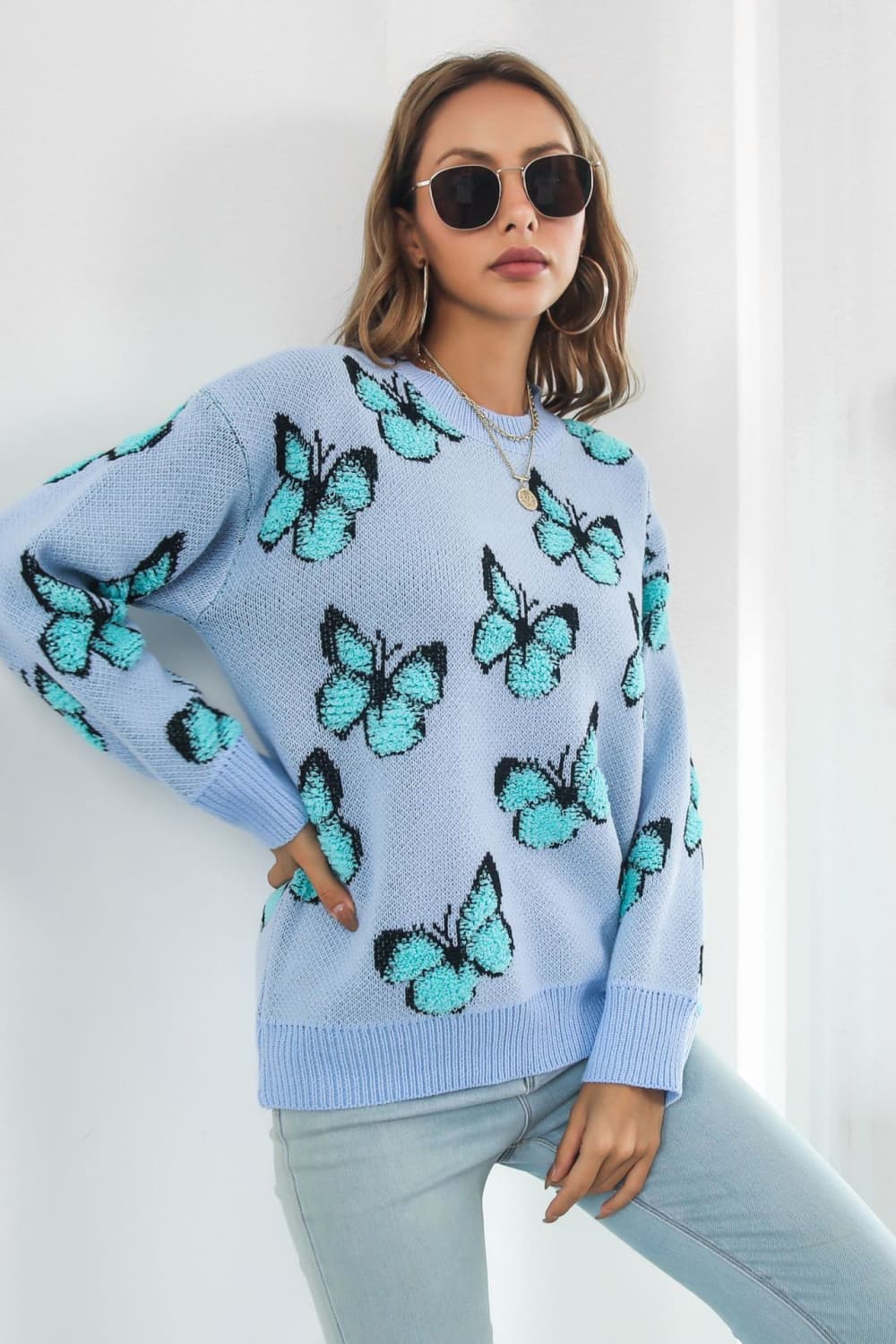 Butterfly Pattern Round Neck Dropped Shoulder Sweater - Pahabu - Women's Clothing & Shop