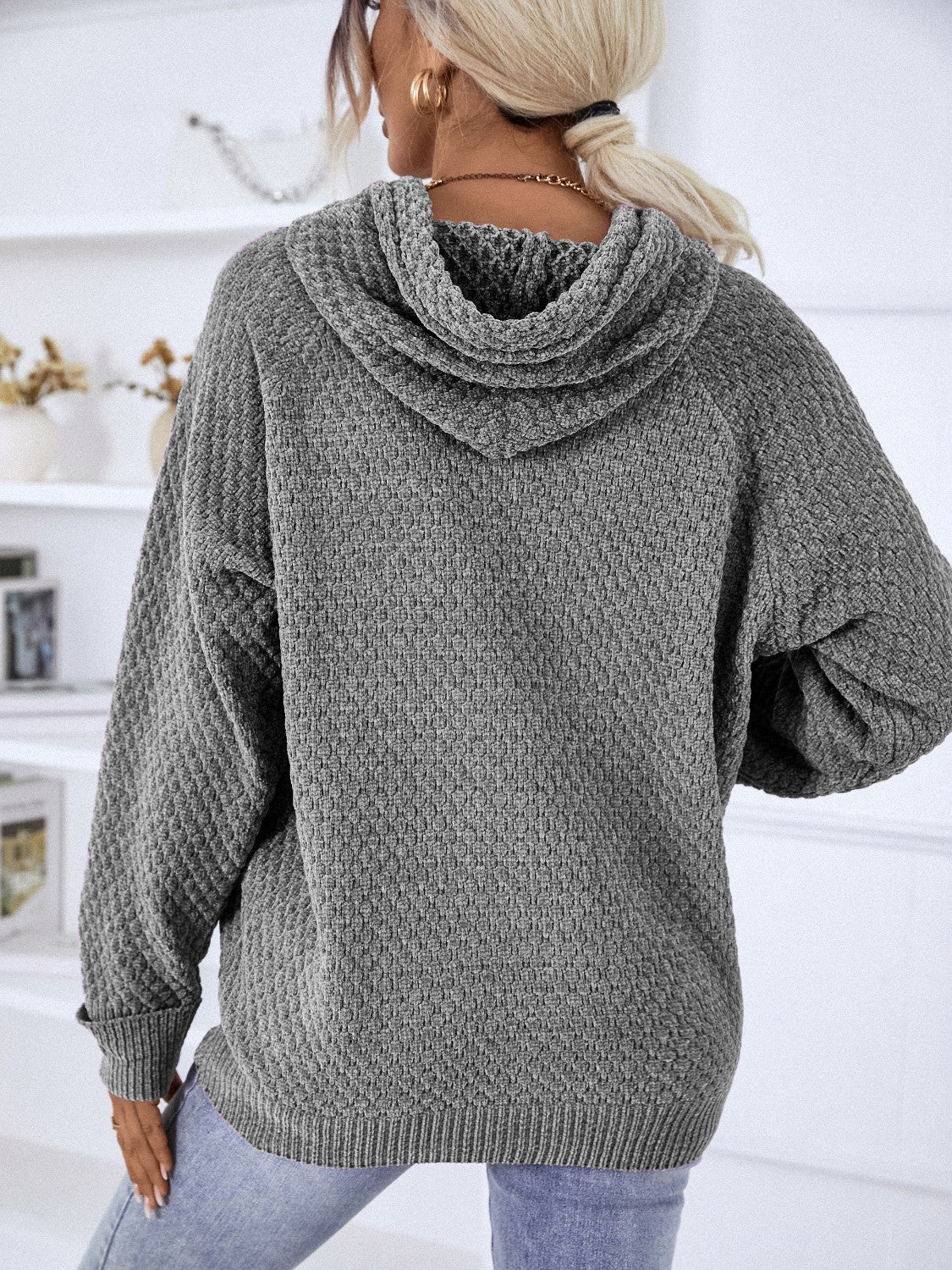 Texture Drawstring Long Sleeve Hooded Sweater - Pahabu - Women's Clothing & Shop