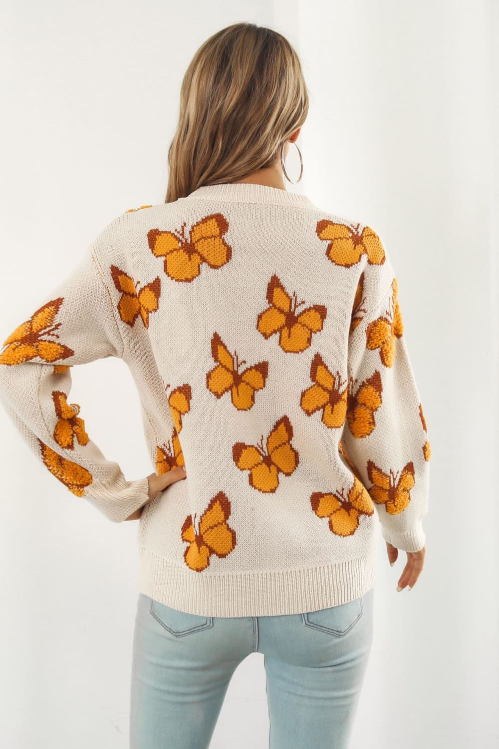 Butterfly Pattern Round Neck Dropped Shoulder Sweater - Pahabu - Women's Clothing & Shop