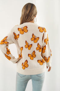 Butterfly Pattern Round Neck Dropped Shoulder Sweater - Pahabu - Women's Clothing & Shop