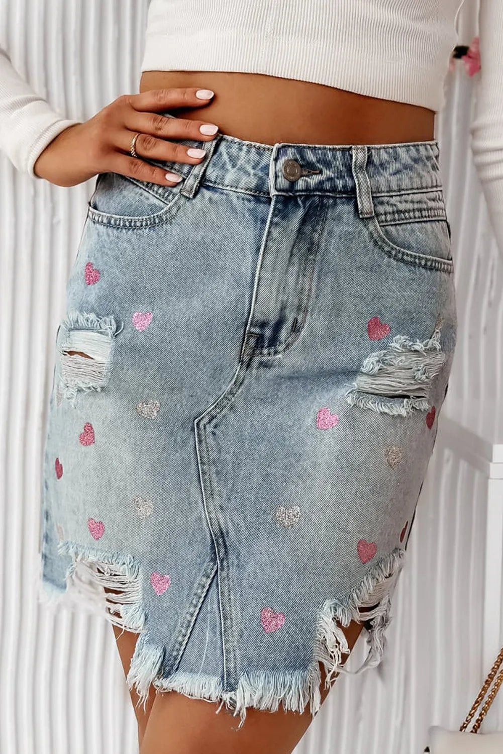 Distressed Raw Hem Heart Mini Denim Skirt - Pahabu - Women's Clothing & Shop