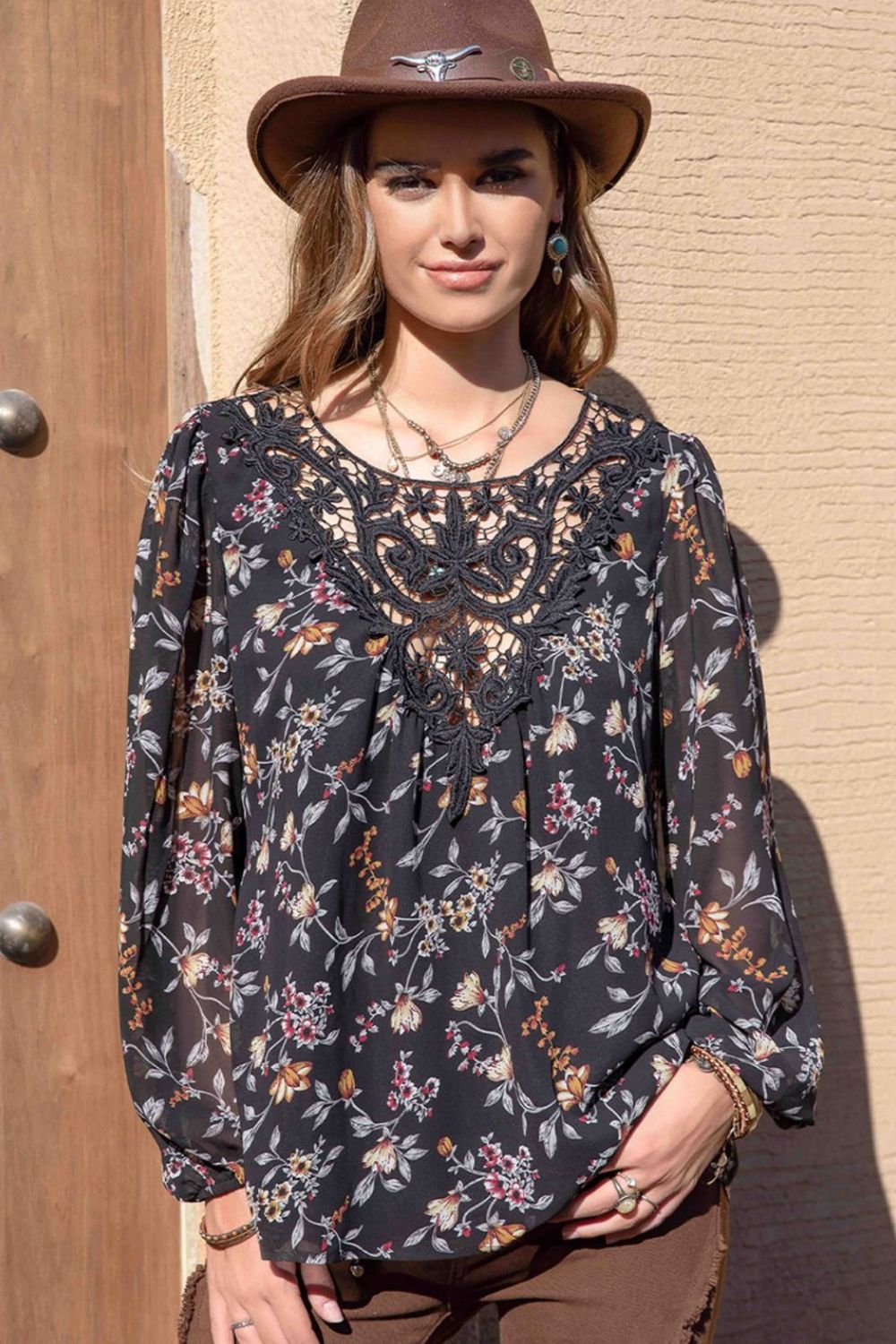 Printed Round Neck Long Sleeve Blouse - Pahabu - Women's Clothing & Shop