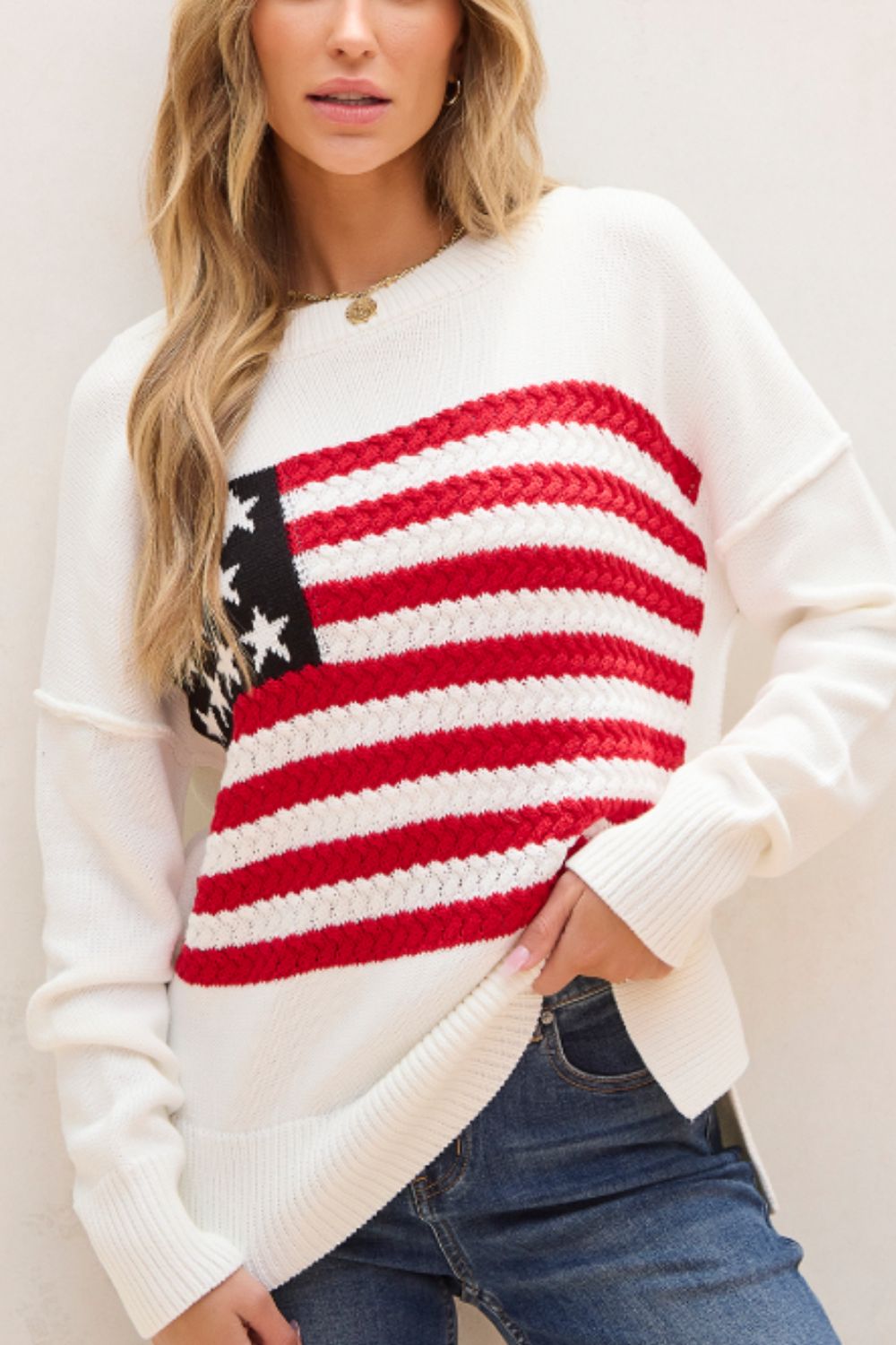 US Flag Side Slit Drop Shoulder Sweater - Pahabu - Women's Clothing & Shop