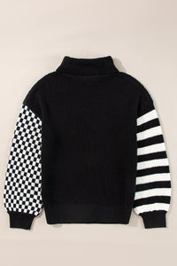 Striped & Checkered Turtleneck Dropped Shoulder Sweater - Pahabu - Women's Clothing & Shop