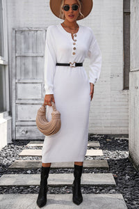 Notched Neck Dropped Shoulder Button-Down Midi Dress - Pahabu - Women's Clothing & Shop