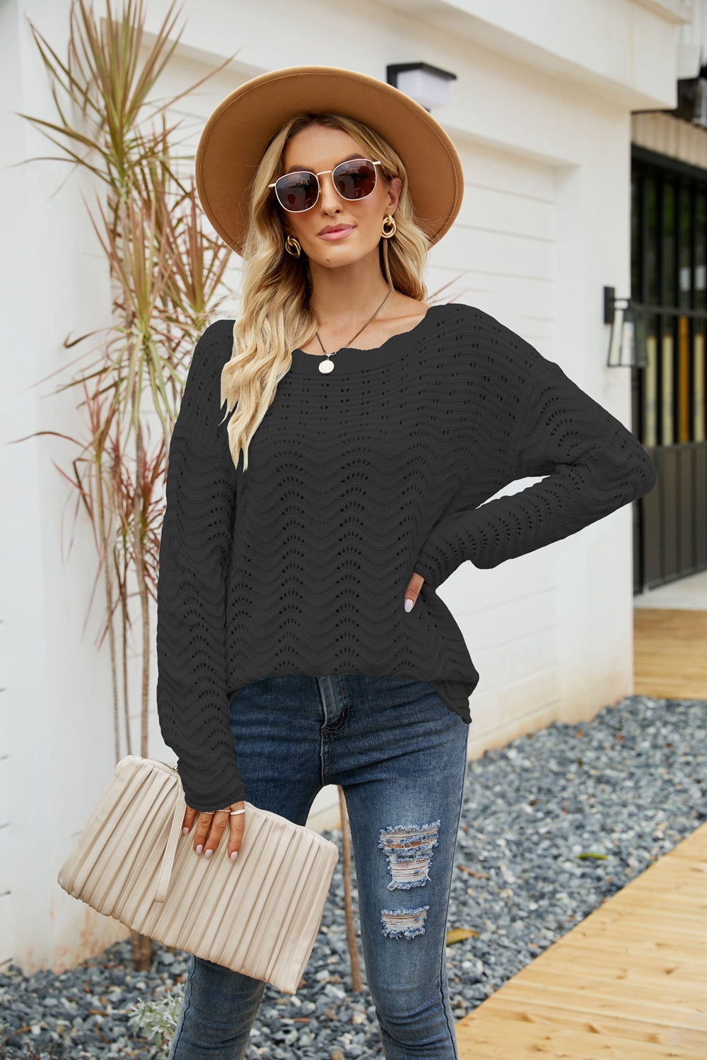 Woven Right Scalloped Boat Neck Openwork Tunic Sweater - Pahabu - Women's Clothing & Shop