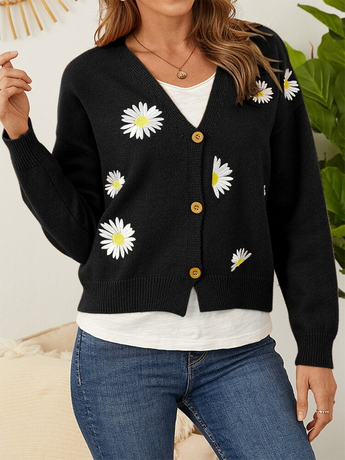 Flower Button Front Dropped Shoulder Cardigan - Pahabu - Women's Clothing & Shop