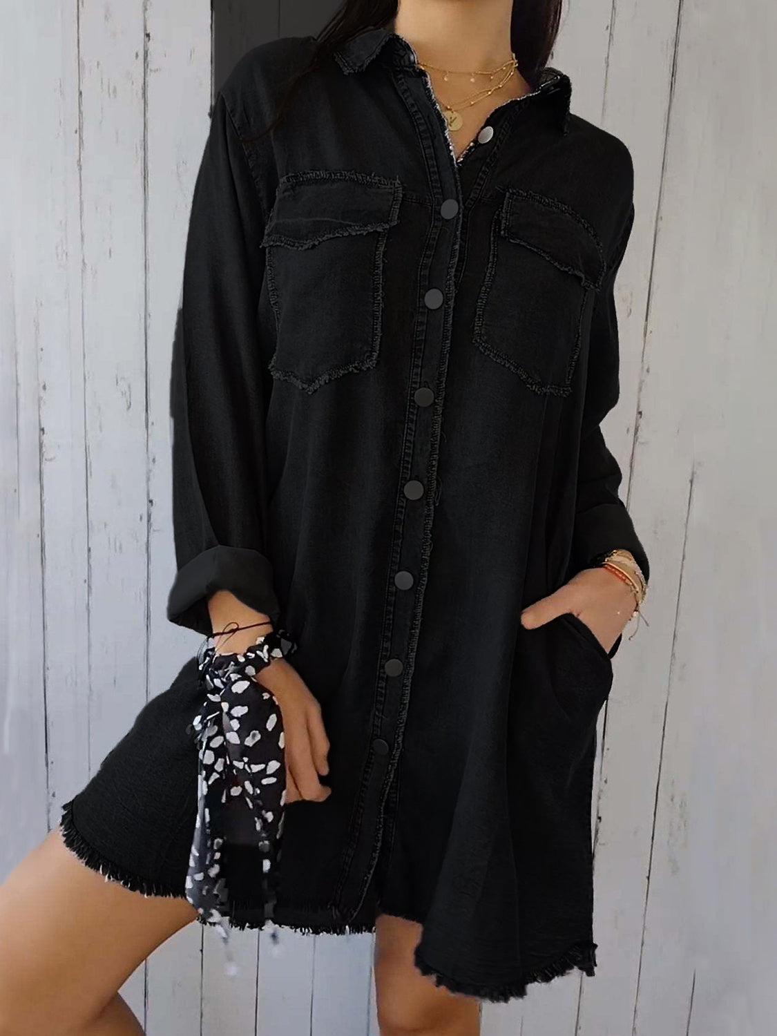 Full Size Raw Hem Button Up Long Sleeve Denim Top Plus Size - Pahabu - Women's Clothing & Shop