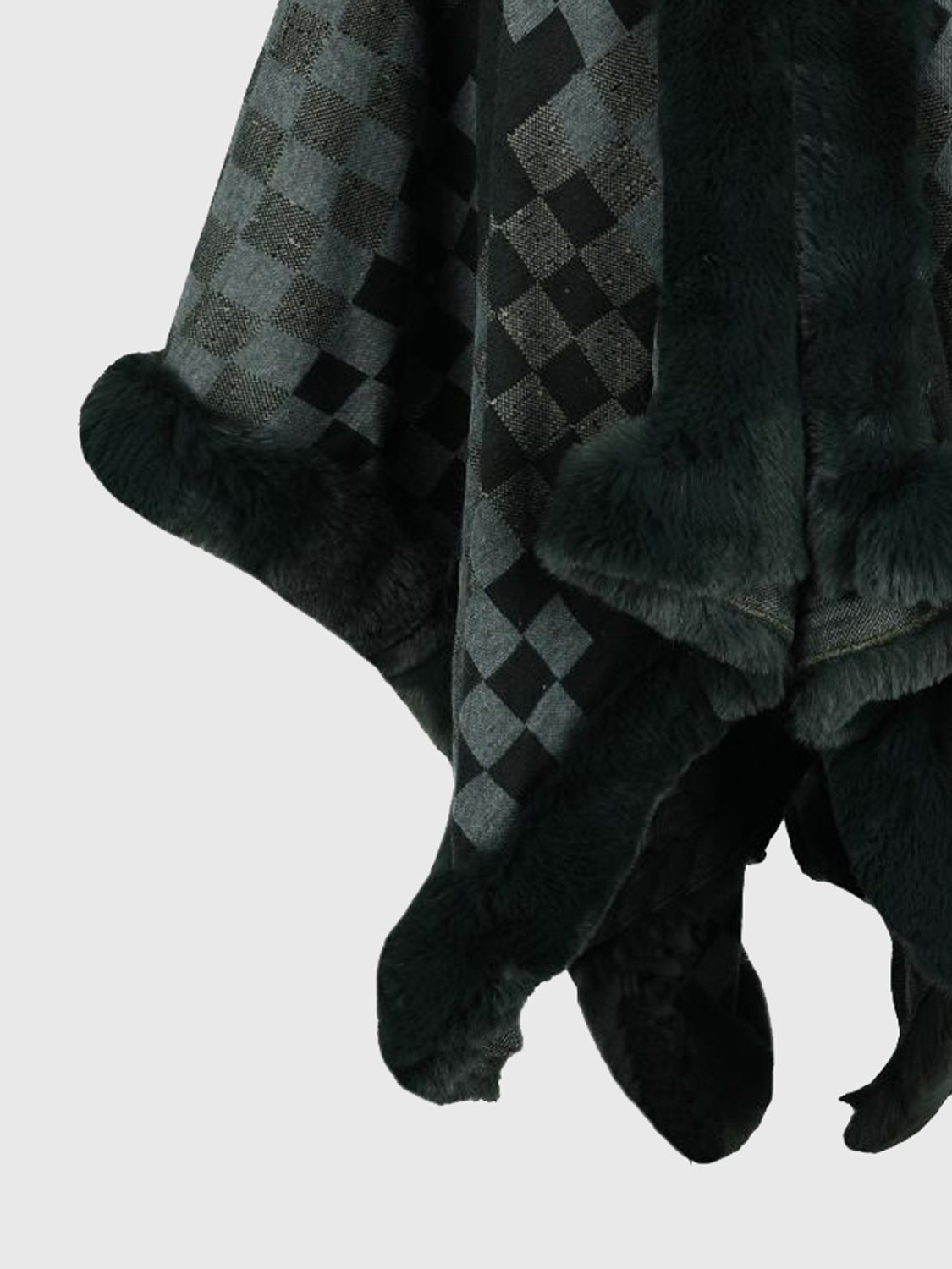Checkered Faux Fur Trim Poncho - Pahabu - Women's Clothing & Shop