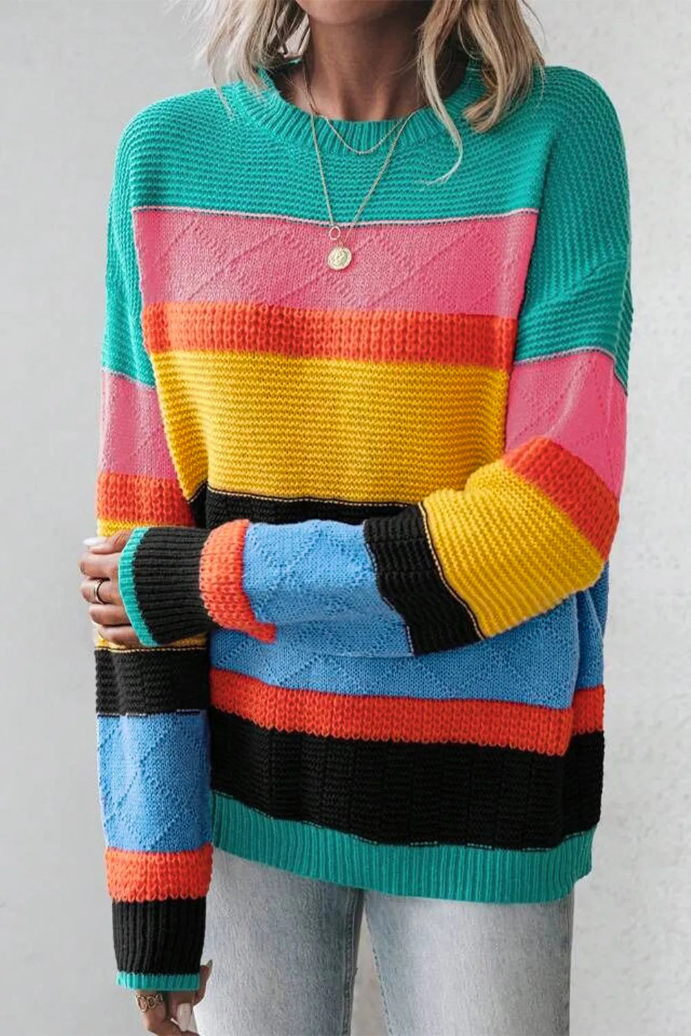 Contrast Round Neck Dropped Shoulder Sweater - Pahabu - Women's Clothing & Shop