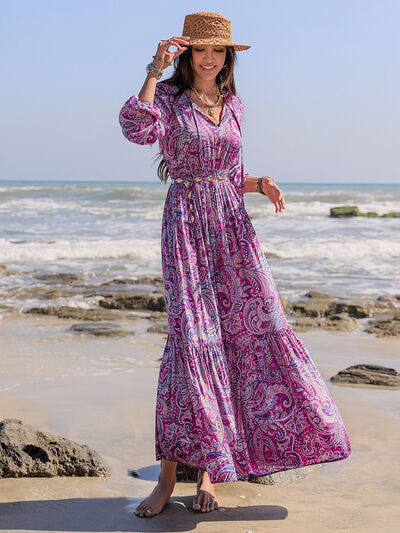Printed Tie Neck Balloon Sleeve Maxi Dress - Pahabu - Women's Clothing & Shop