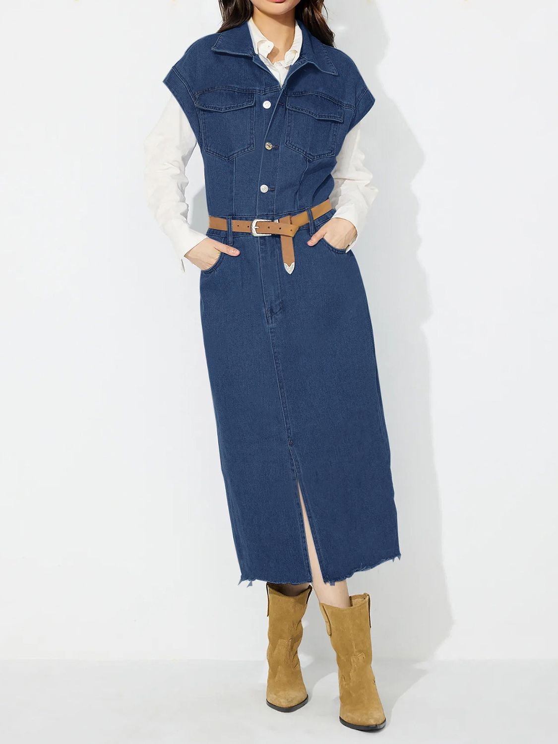 Slit Half Button Collared Neck Cap Sleeve Denim Dress - Pahabu - Women's Clothing & Shop