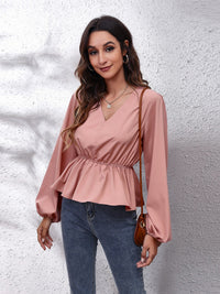 V-Neck Balloon Sleeve Peplum Blouse - Pahabu - Women's Clothing & Shop