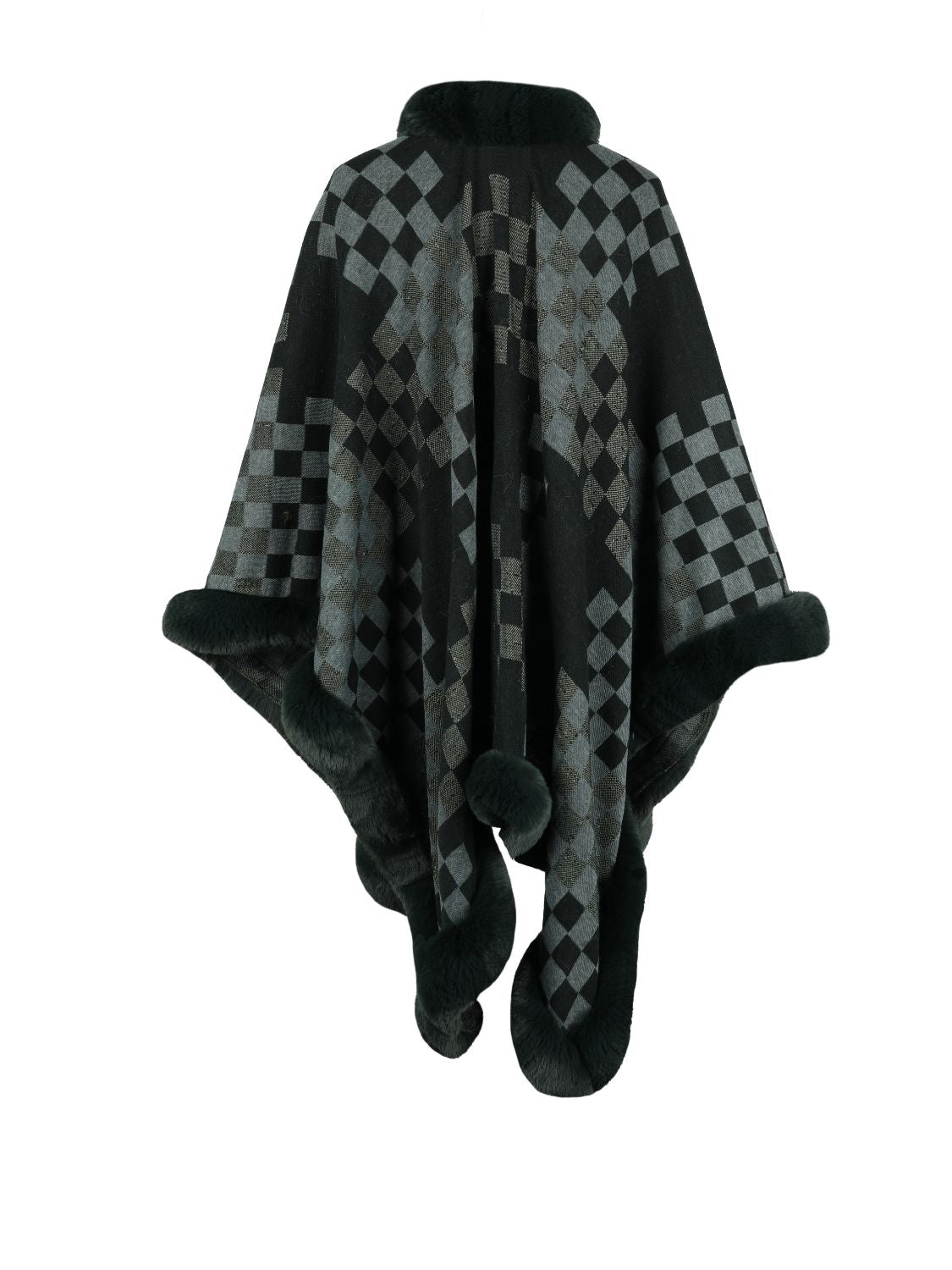 Checkered Faux Fur Trim Poncho - Pahabu - Women's Clothing & Shop