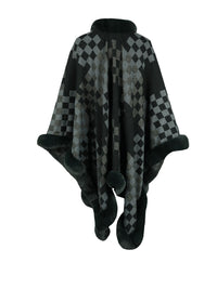 Checkered Faux Fur Trim Poncho - Pahabu - Women's Clothing & Shop