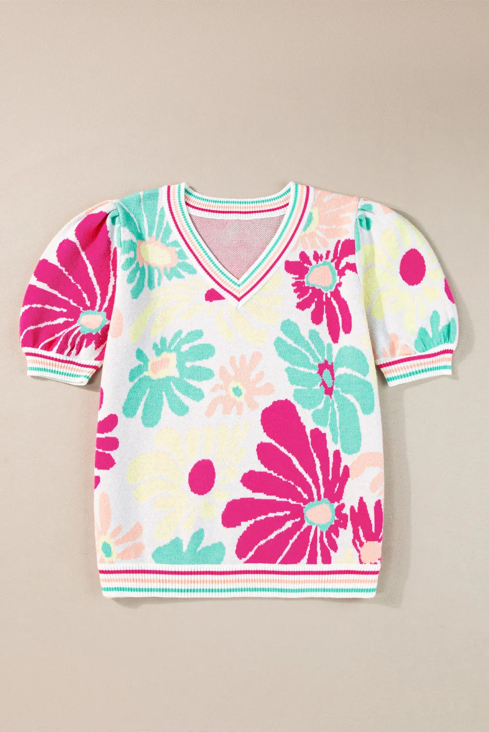 Flower V-Neck Puff Sleeve Sweater - Pahabu - Women's Clothing & Shop