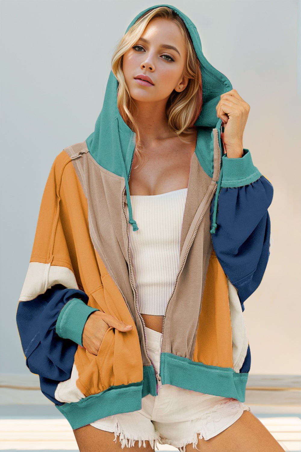 Double Take Full Size Color Block Zip Up Hoodie - Pahabu - Women's Clothing & Shop
