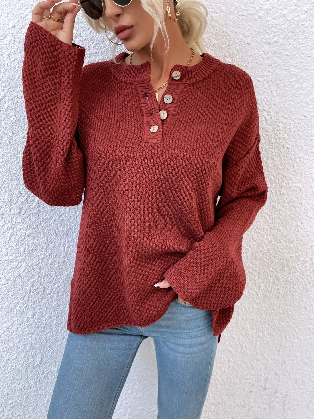 Quarter-Button Slit Sweater - Pahabu - Women's Clothing & Shop
