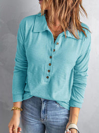 Collared Neck Half Button Top - Pahabu - Women's Clothing & Shop