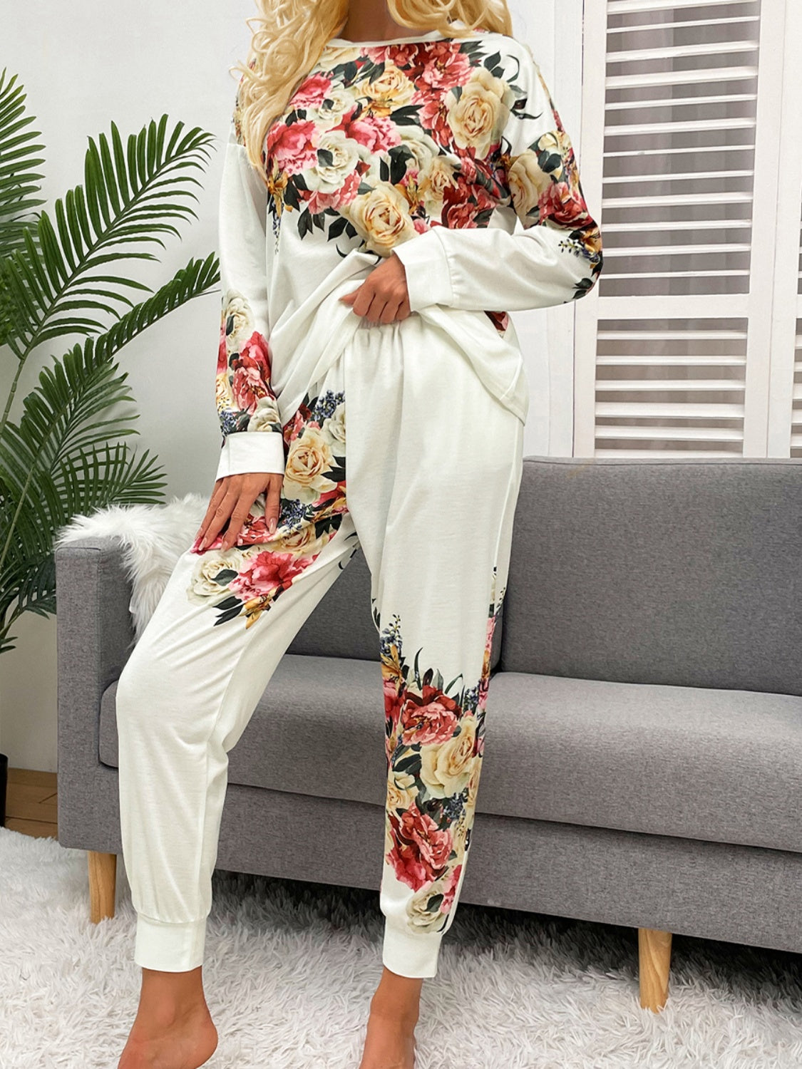 Shiny Printed Round Neck Top and Pants Lounge Set - Pahabu - Women's Clothing & Shop