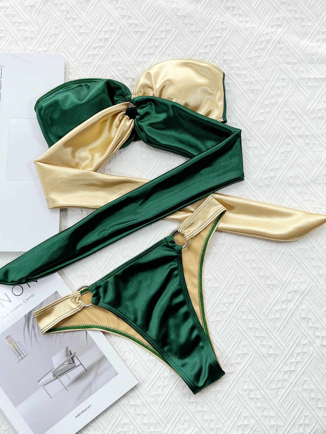 Two-Tone Ring Detail Tied Bikini Set - Pahabu - Women's Clothing & Shop
