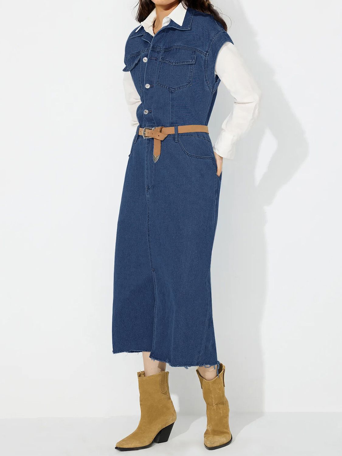Slit Half Button Collared Neck Cap Sleeve Denim Dress - Pahabu - Women's Clothing & Shop