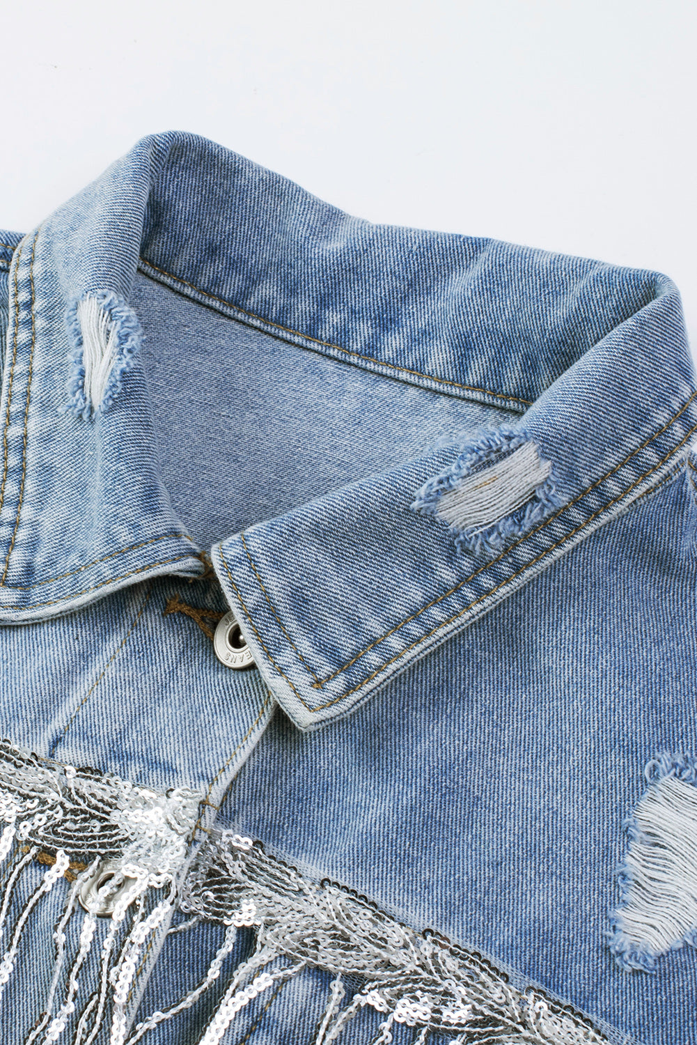 Sequin Fringe Trim Distressed Button Up Denim Jacket - Pahabu - Women's Clothing & Shop