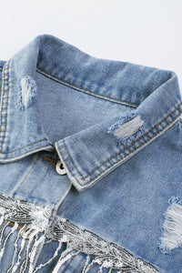 Sequin Fringe Trim Distressed Button Up Denim Jacket - Pahabu - Women's Clothing & Shop