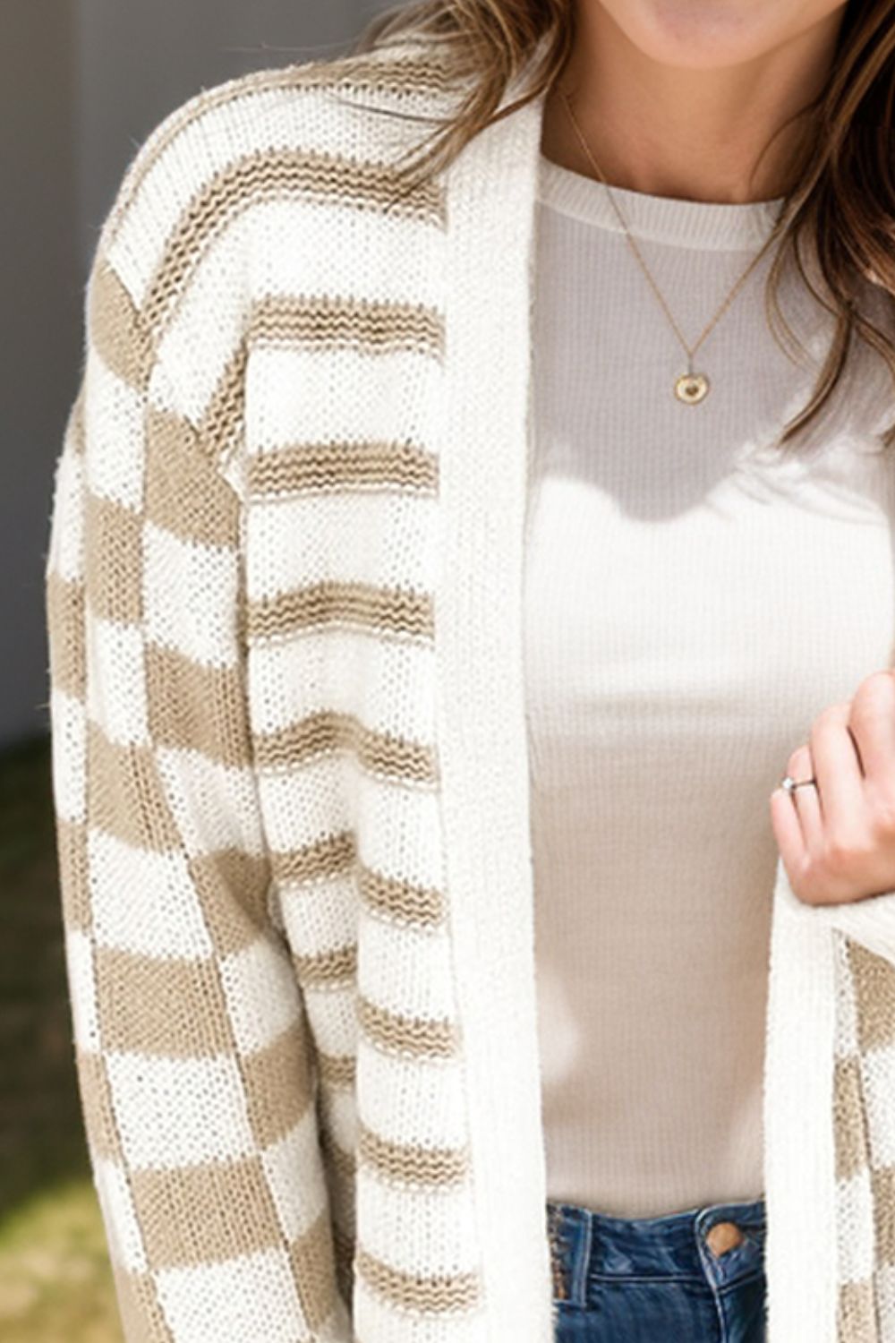 Striped Open Front Long Sleeve Cardigan - Pahabu - Women's Clothing & Shop