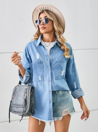 Distressed Raw Hem Dropped Shoulder Denim Jacket - Pahabu - Women's Clothing & Shop