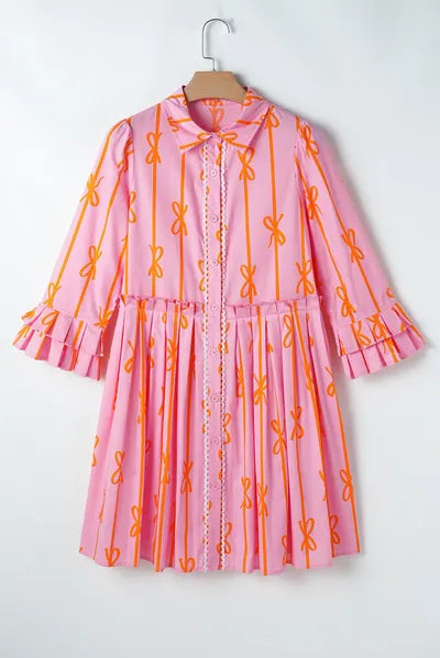 Ruffled Bow Printed Three-Quarter Sleeve Shirt Dress - Pahabu - Women's Clothing & Shop