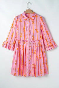 Ruffled Bow Printed Three-Quarter Sleeve Shirt Dress - Pahabu - Women's Clothing & Shop
