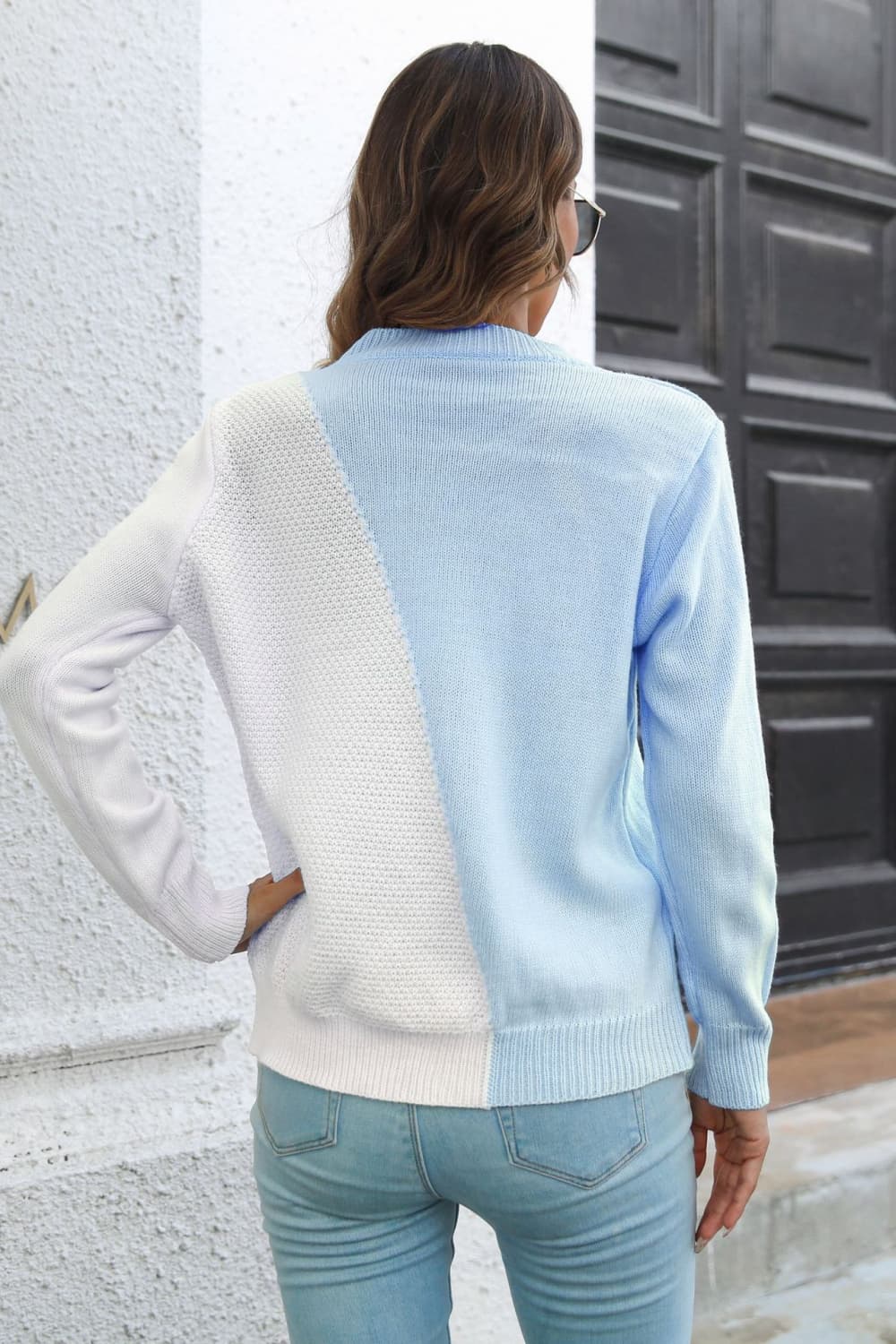 Contrast Color Round Neck Long Sleeve Sweater - Pahabu - Women's Clothing & Shop