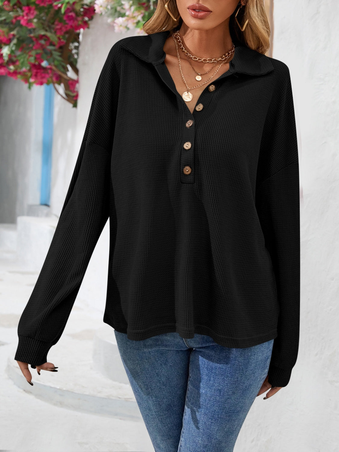 Half Button Collared Neck Long Sleeve Top - Pahabu - Women's Clothing & Shop