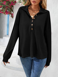 Half Button Collared Neck Long Sleeve Top - Pahabu - Women's Clothing & Shop