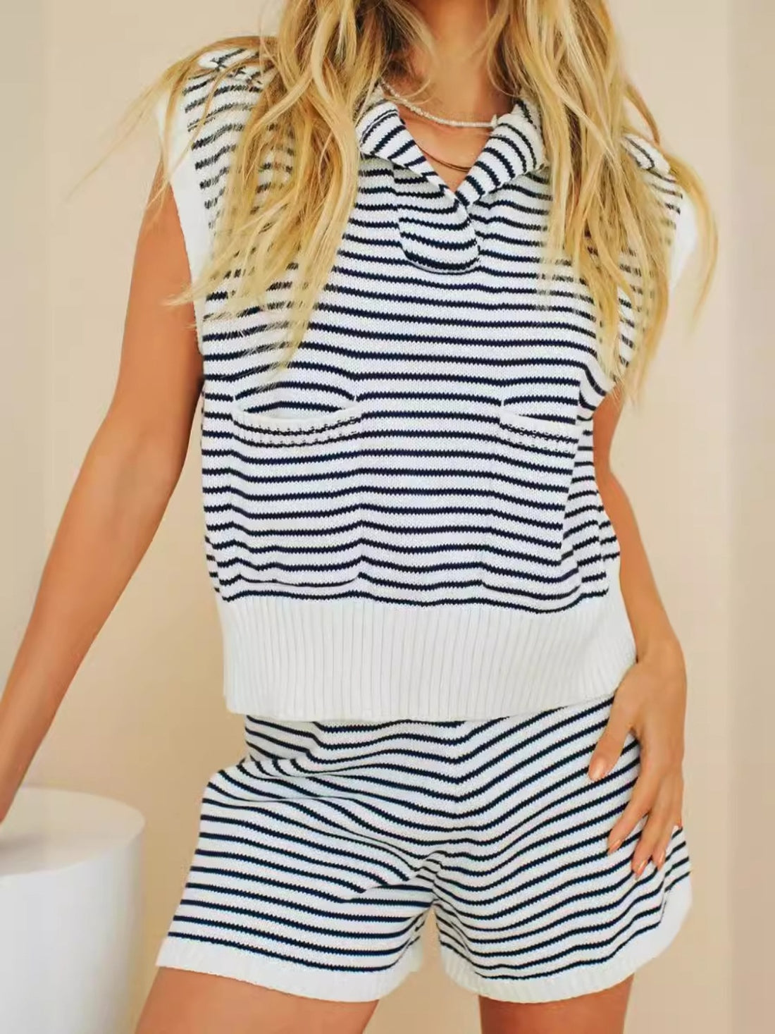 Striped Cap Sleeve Top and Shorts Sweater Set - Pahabu - Women's Clothing & Shop