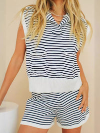 Striped Cap Sleeve Top and Shorts Sweater Set - Pahabu - Women's Clothing & Shop