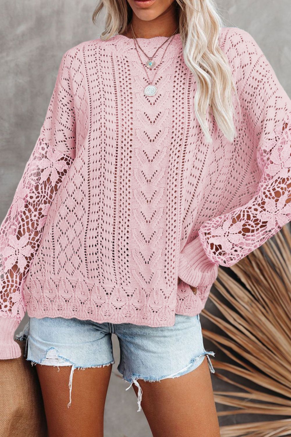 Openwork Round Neck Long Sleeve Sweater - Pahabu - Women's Clothing & Shop