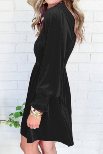 Smocked Round Neck Long Sleeve Dress - Pahabu - Women's Clothing & Shop