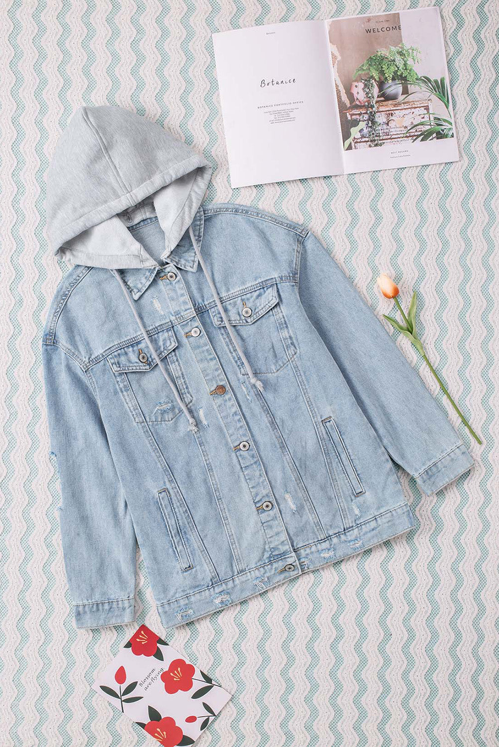 Distressed Hooded Denim Jacket - Pahabu - Women's Clothing & Shop