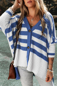 Striped Button Up Batwing Sleeve Cardigan - Pahabu - Women's Clothing & Shop