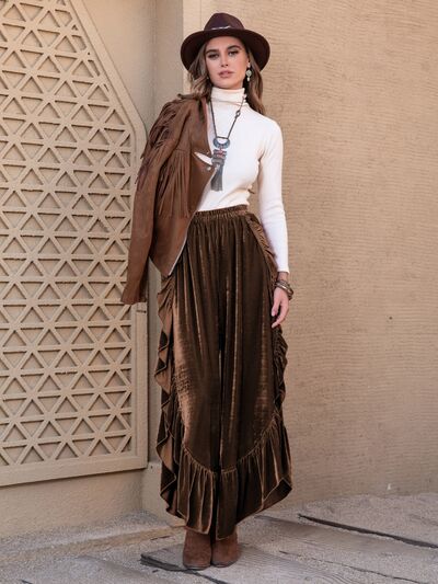 Ruffle Trim Wide Leg Slit Pants - Pahabu - Women's Clothing & Shop