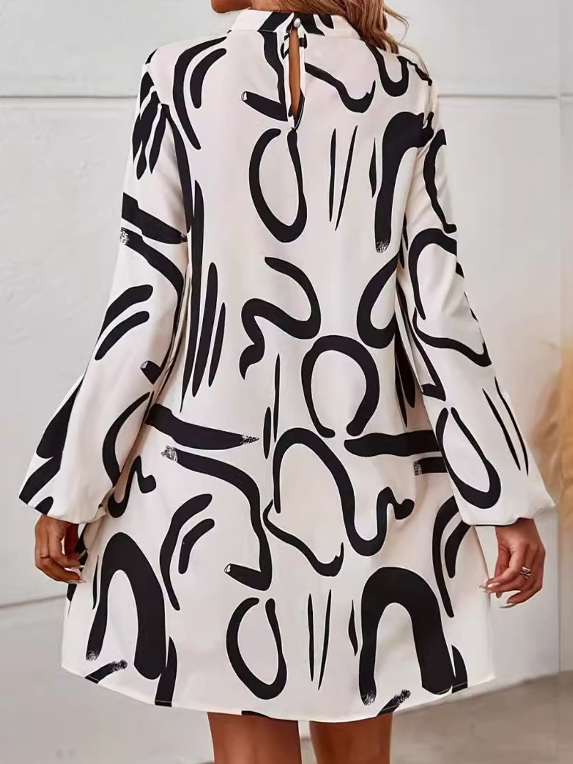 Printed Mock Neck Long Sleeve Mini Dress - Pahabu - Women's Clothing & Shop