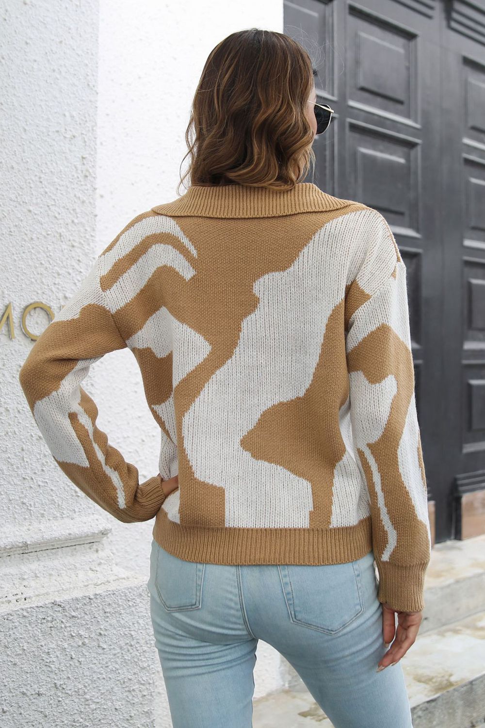 Two-Tone Johnny Collar Dropped Shoulder Pullover Sweater - Pahabu - Women's Clothing & Shop