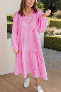 Tiered Johnny Collar Long Sleeve Dress - Pahabu - Women's Clothing & Shop